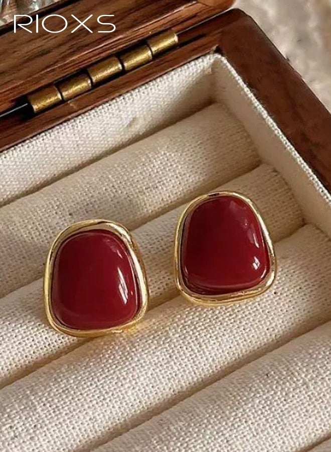 RIOXS Women's Vintage Trapezoid Earrings, Hypoallergenic 925 Sterling Silver Studs Gold-rimmed Eye-Catching Jewelry Elegant, Perfect for Fall Fashion Accessories, Gifts, Parties, Anniversaries, Dating, Red - Image 2